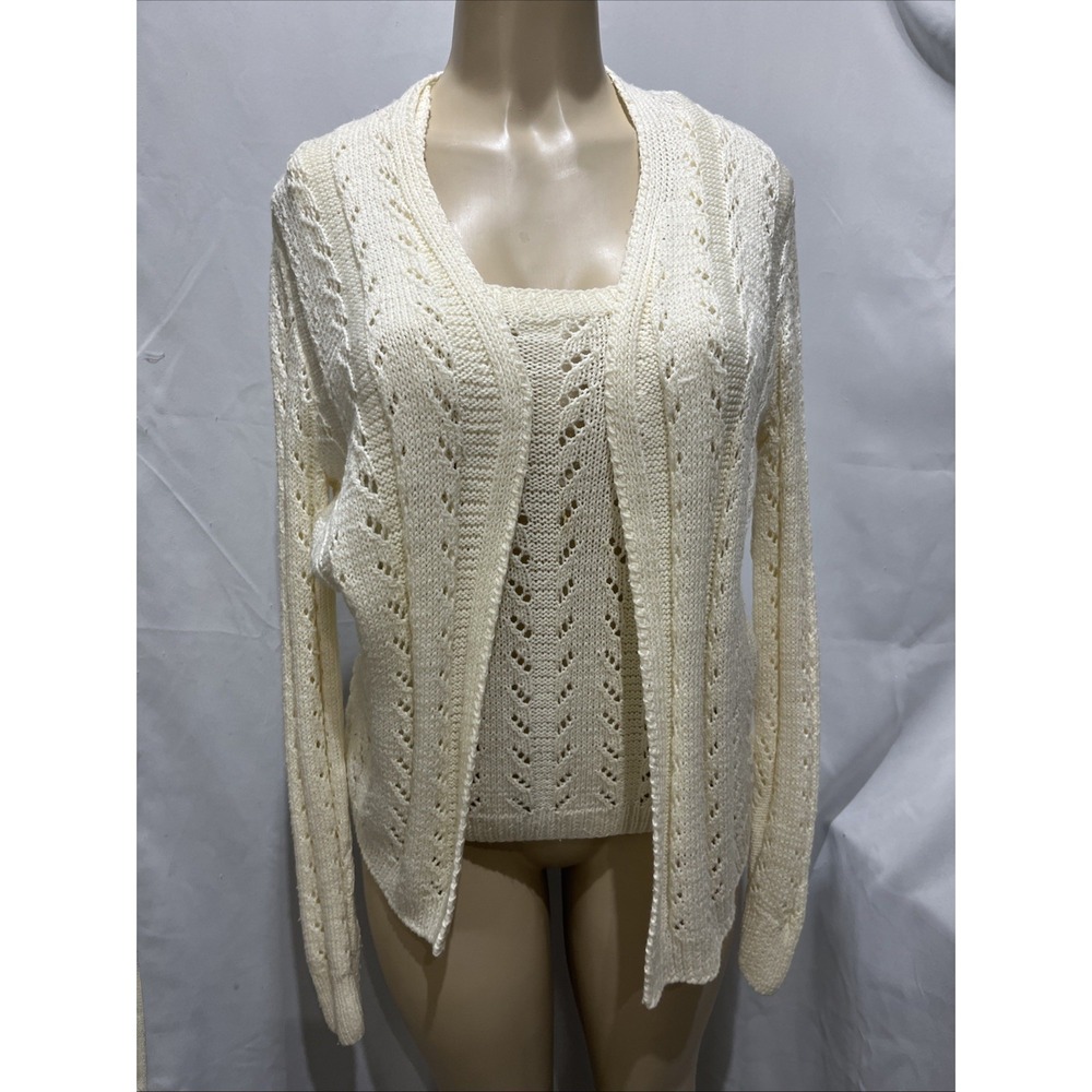 Vintage 1950s Hana Knit Cream Pointelle Sweater-Cardigan Twin Set S/M Elegant